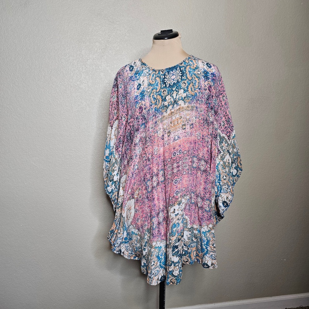 Tolani Womens XL 100% Silk Paisley Patchwork Caftan Sleeve Tunic Top Pink Blue